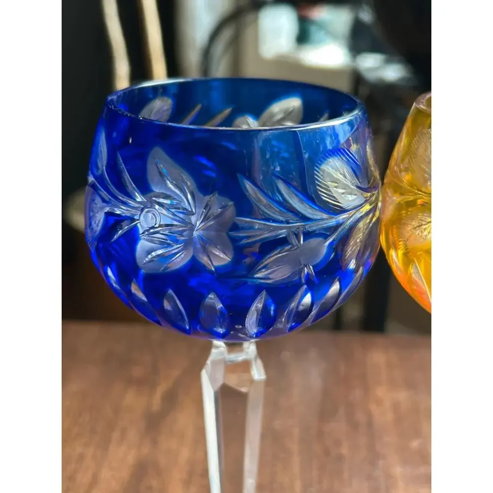 German Crystal Stemware golden yellow & blue Wine Glasses - Set of 2